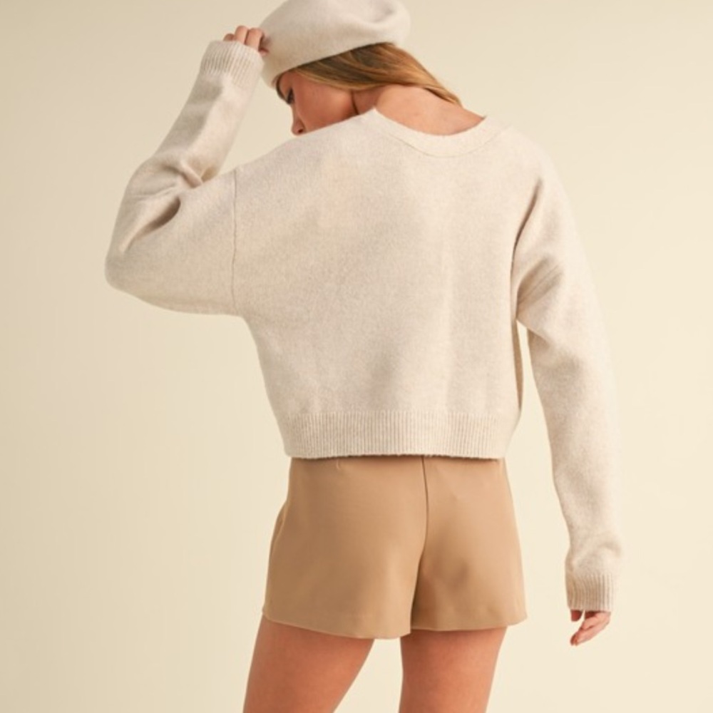 118. LAST 1!🛑cost Mable Triple Tie Up back front bow Cream crop V neck sweater - Picture 3 of 3